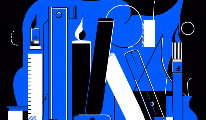 Stylized arrangement of books, art tools, and creative supplies in blue, white, and black, symbolizing learning, craftsmanship, and skill-building.