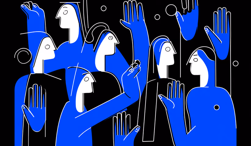 Minimalist blue and white crowd of abstract figures raising their hands, representing engagement, participation, and collective action.
