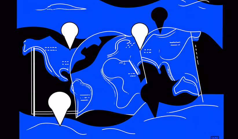 Abstract world map illustration with location pins and geometric blue shapes, symbolizing global reach and international connectivity.