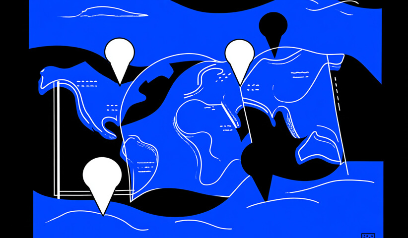 Abstract world map illustration with location pins and geometric blue shapes, symbolizing global reach and international connectivity.