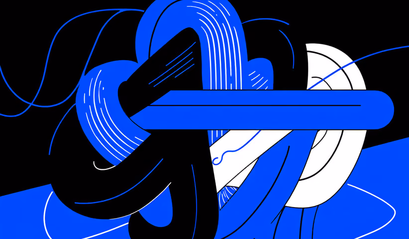 Abstract knot-like tangle of blue and white forms on a black background, illustrating complexity, problem-solving, or interconnected systems.