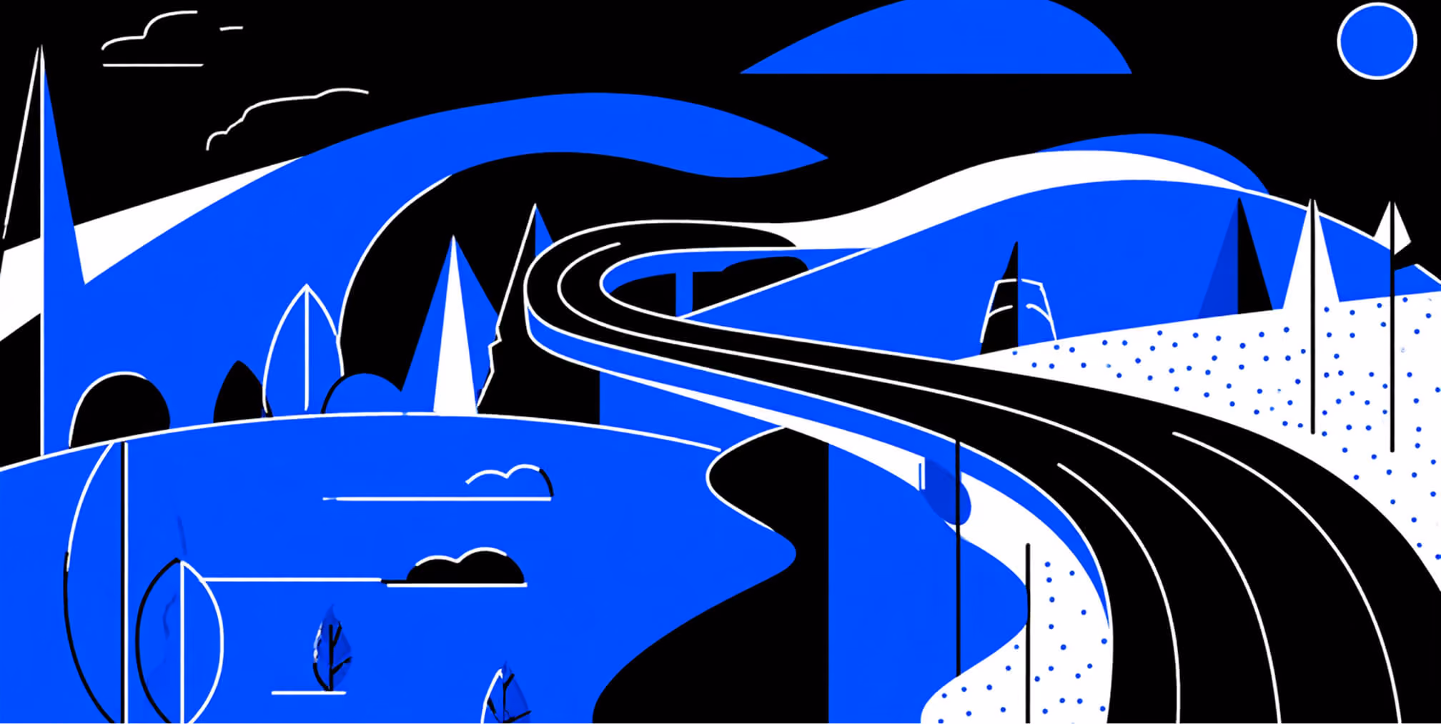 Stylized landscape with rolling blue hills and a winding black road leading into the distance, symbolizing direction, strategy, and long-term vision.