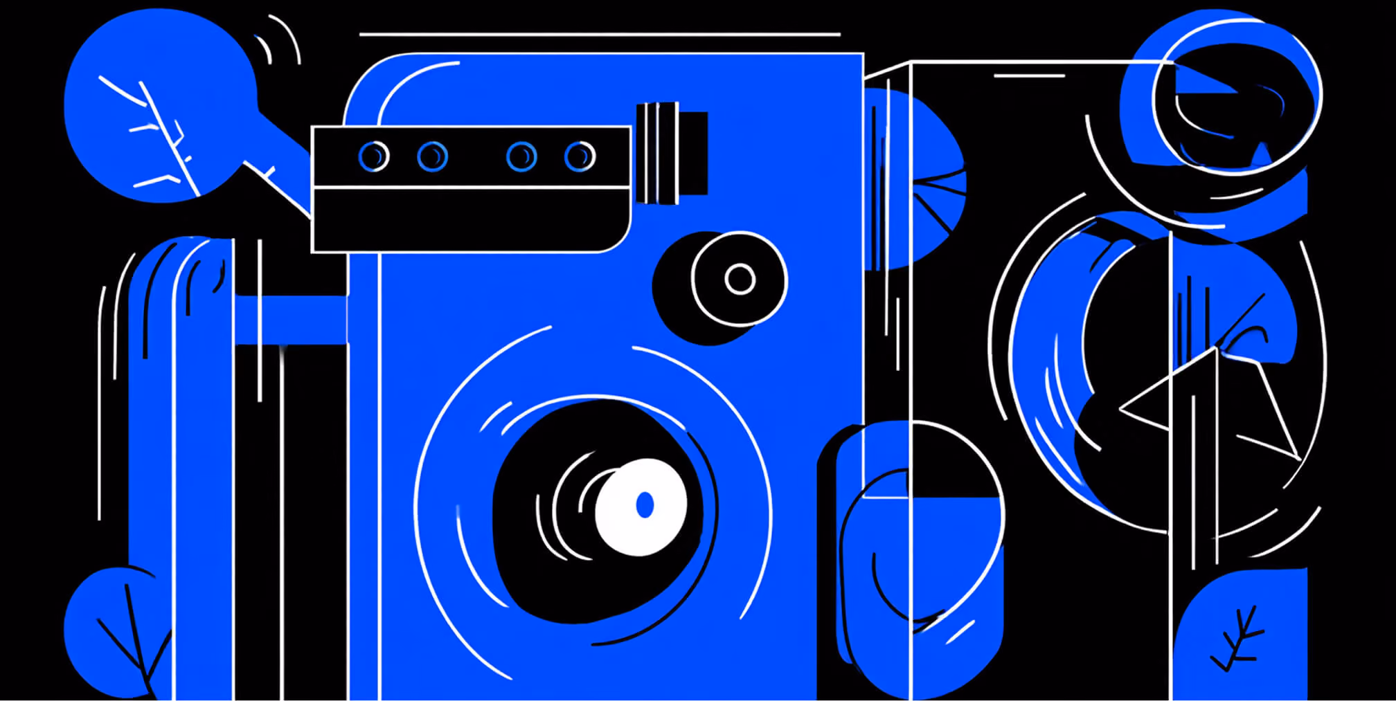 Abstract blue-and-black camera illustration with geometric shapes and bold lines, representing media, content creation, and visual storytelling.