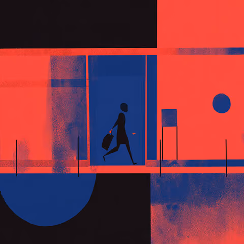 Stylized silhouette of a person carrying a bag while walking through a red and blue geometric hallway.