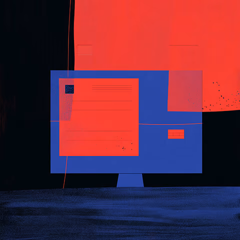 Minimalist red and blue graphic of a computer monitor displaying simple interface blocks against a dark background.
