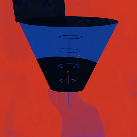 Abstract red and blue funnel illustration with descending ring shapes suggesting a marketing or sales conversion process.