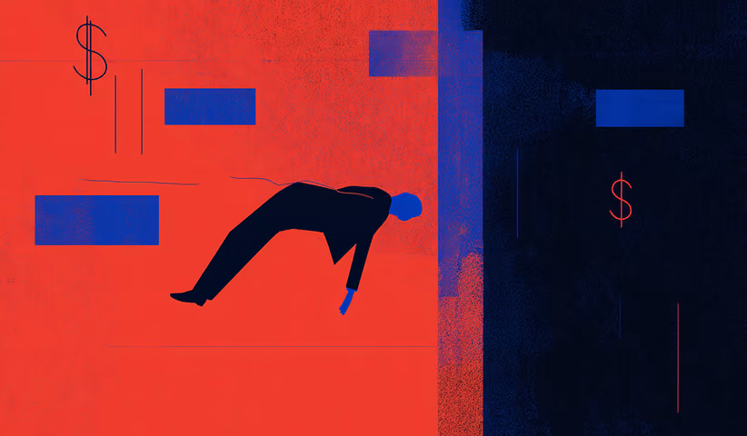Graphic of a person drifting horizontally across red and blue rectangles with floating dollar signs, symbolizing financial strain or opportunity gaps.