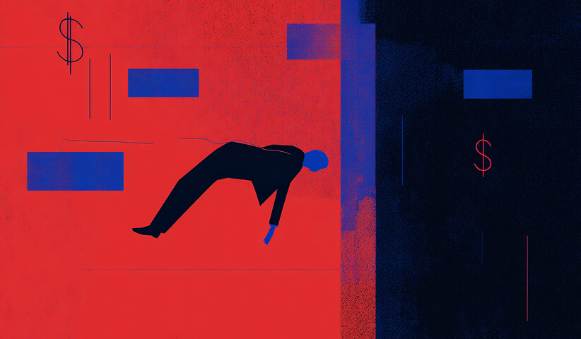 Graphic of a person drifting horizontally across red and blue rectangles with floating dollar signs, symbolizing financial strain or opportunity gaps.