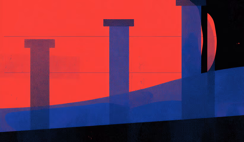 Minimalist red and blue landscape with tall vertical pillars and a half-visible sun behind them.