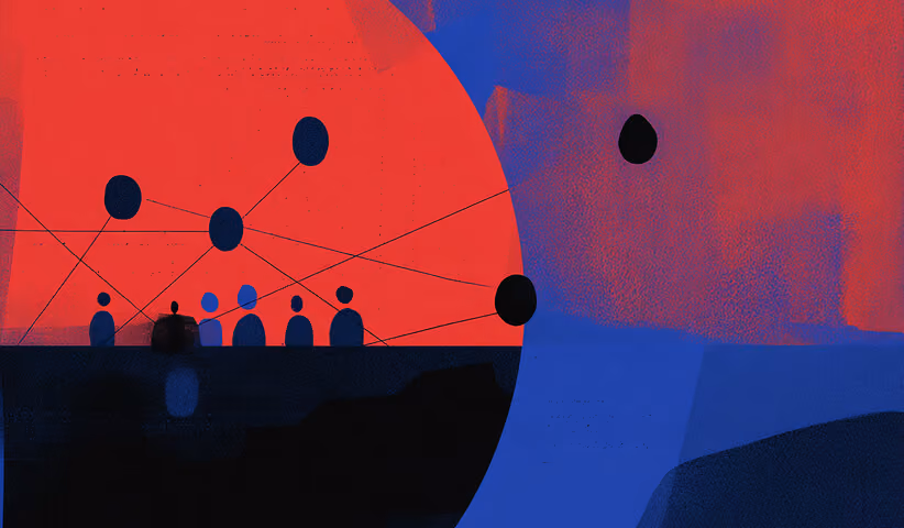 Abstract scene of small human silhouettes connected by lines to circular nodes inside a large red sphere.