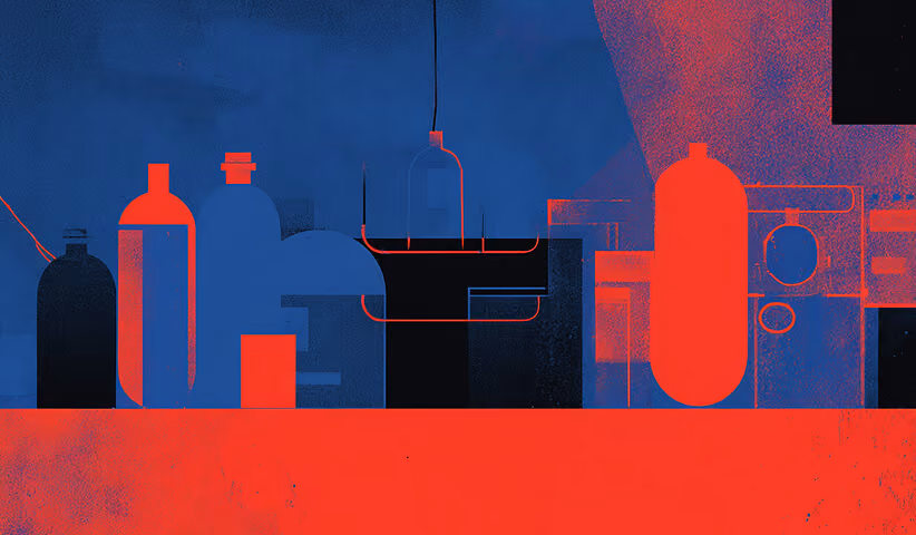 “Red and blue abstract arrangement of bottle-like and industrial container shapes lined up on a surface.