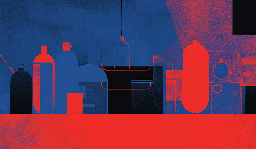 “Red and blue abstract arrangement of bottle-like and industrial container shapes lined up on a surface.