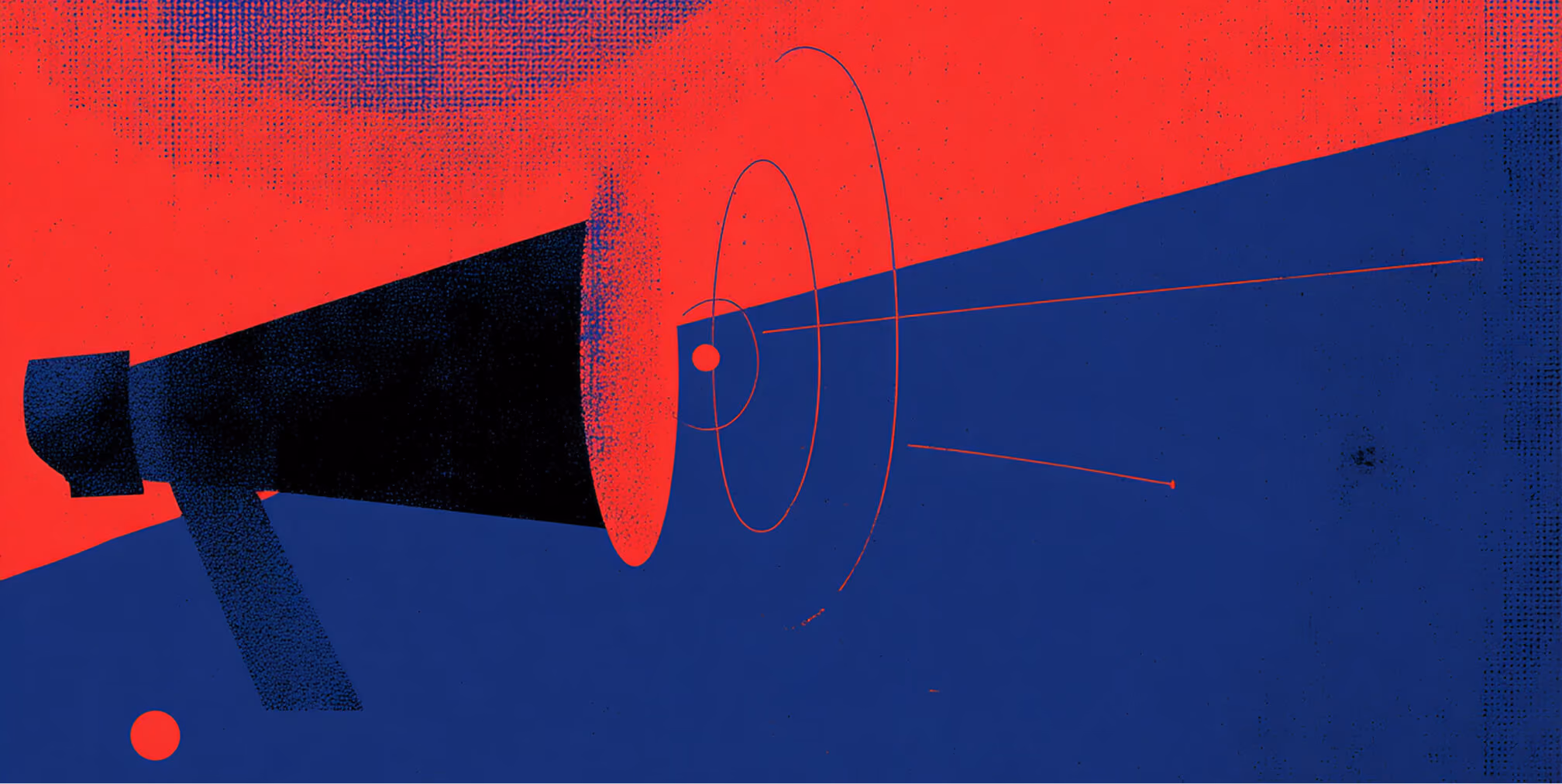 Bold red and blue illustration of a megaphone emitting concentric rings and directional lines across a dark blue background.
