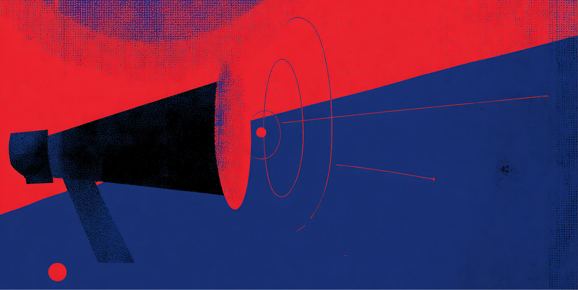 Bold red and blue illustration of a megaphone emitting concentric rings and directional lines across a dark blue background.