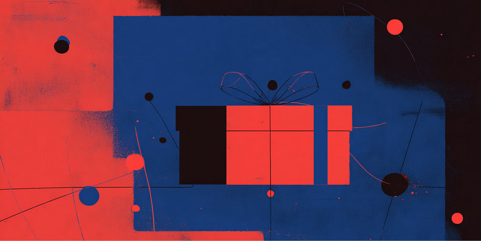 Abstract red and blue gift box surrounded by thin orbit-like lines and scattered circular shapes on a textured background.
