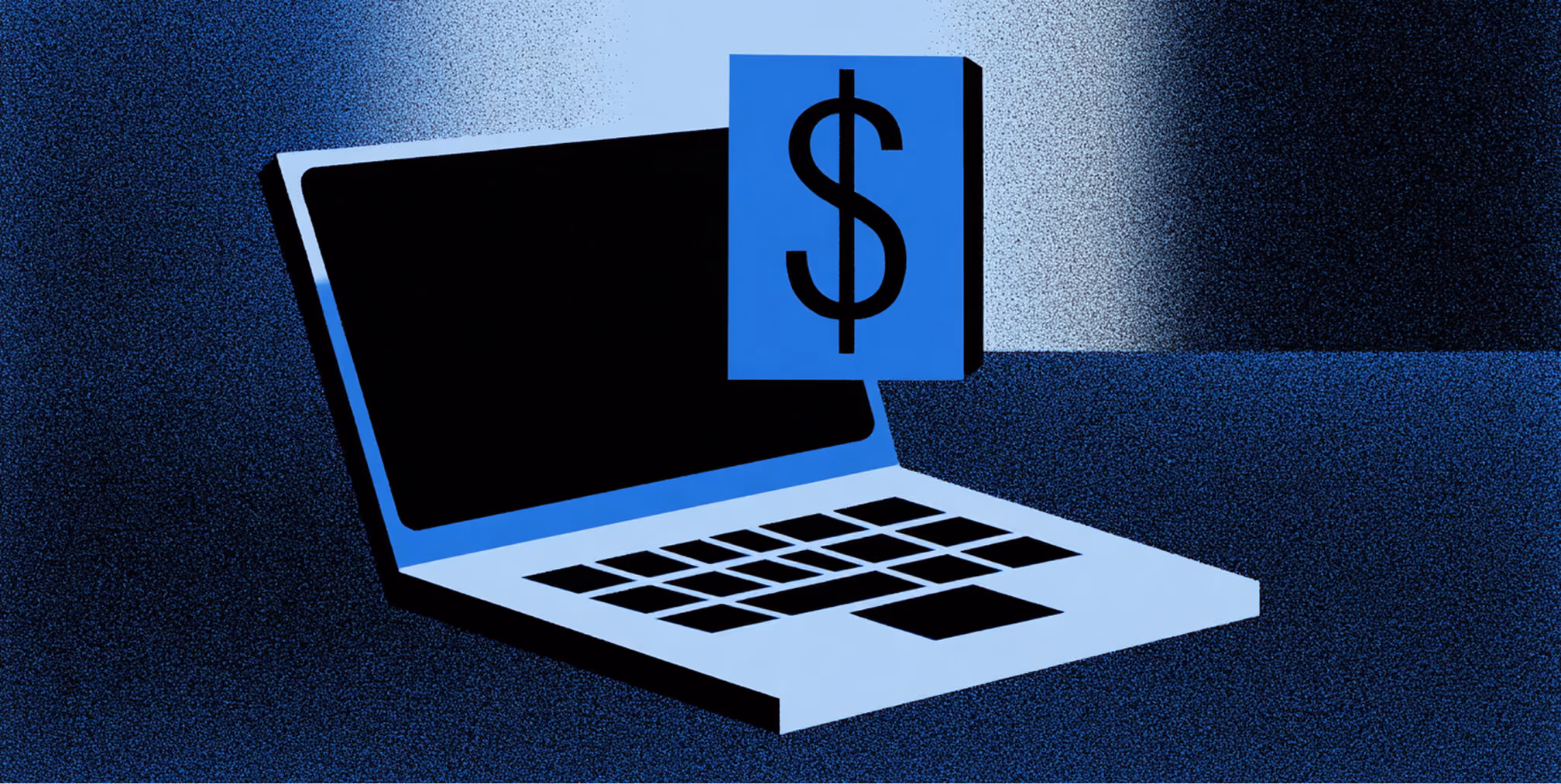 Illustration of a laptop in cool blue tones with a large dollar sign floating above it, symbolizing the cost of building or maintaining a Shopify website.