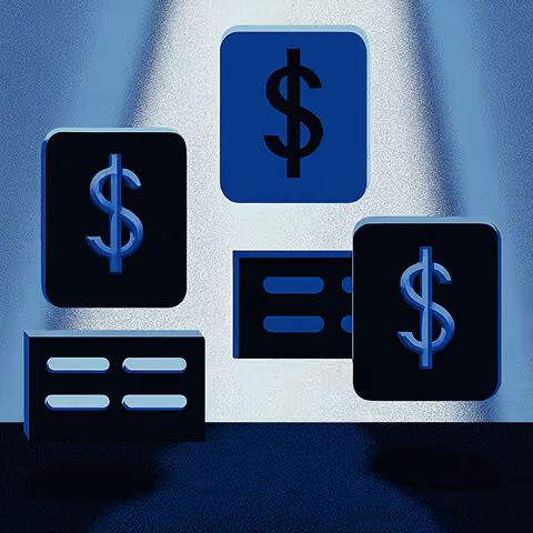 Floating blue and black pricing cards with dollar signs, representing different Shopify pricing tiers or package options.