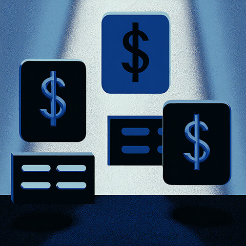 Floating blue and black pricing cards with dollar signs, representing different Shopify pricing tiers or package options.