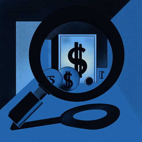 Magnifying glass highlighting stacked dollar symbols and pricing sheets, illustrating the process of analyzing Shopify website costs.