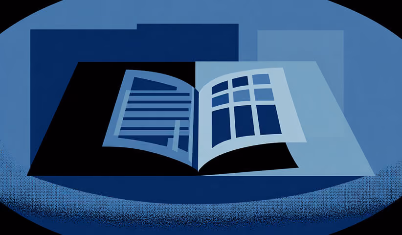 Minimalist illustration of an open book displaying structured content and grids, representing planning or scoping a website project.