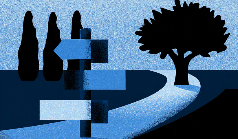 Directional signpost on a curved path beside trees, illustrating choosing the right Shopify website budget or direction.