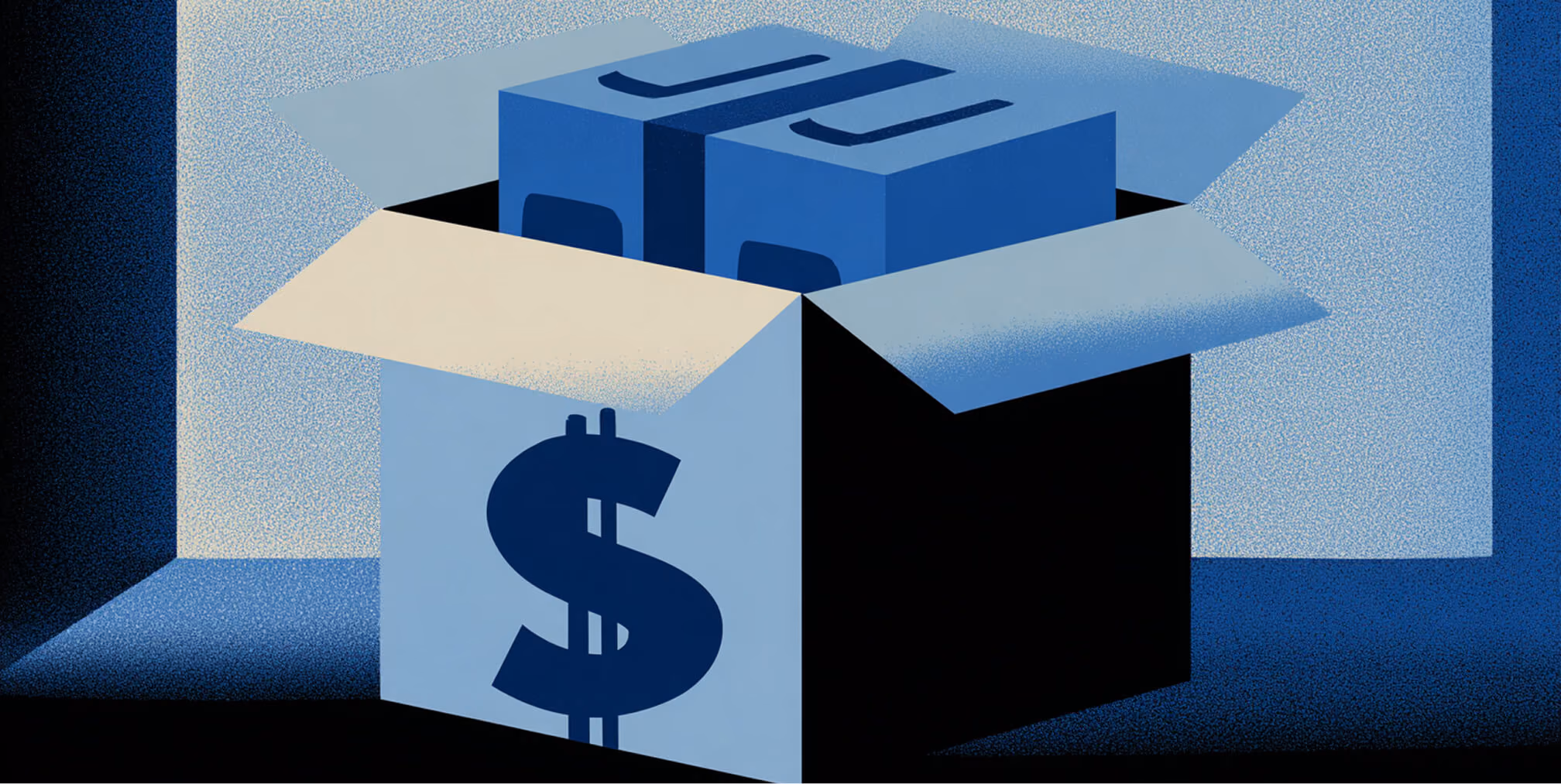 Open box with a dollar sign containing blue packaged blocks, representing bundled website costs or deliverables included in a Shopify build.