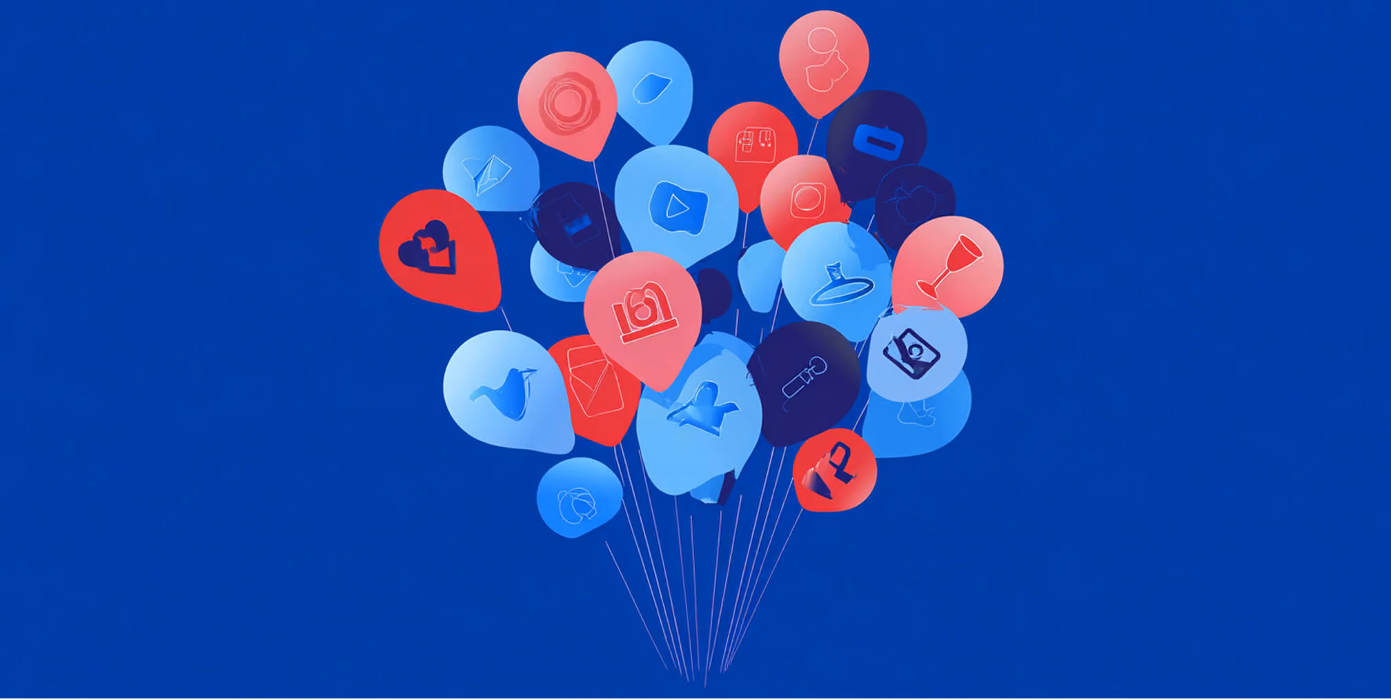 A cluster of red, blue, and black balloon-like markers floating upward against a deep blue background, each containing an icon representing different Shopify apps and tools.
