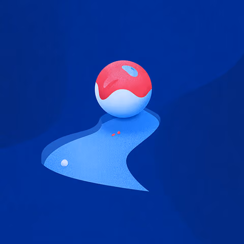 A glossy red-and-white sphere sits at the start of a winding blue path on a textured blue background, symbolizing the beginning of a journey.