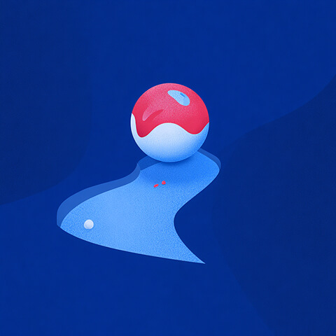A glossy red-and-white sphere sits at the start of a winding blue path on a textured blue background, symbolizing the beginning of a journey.