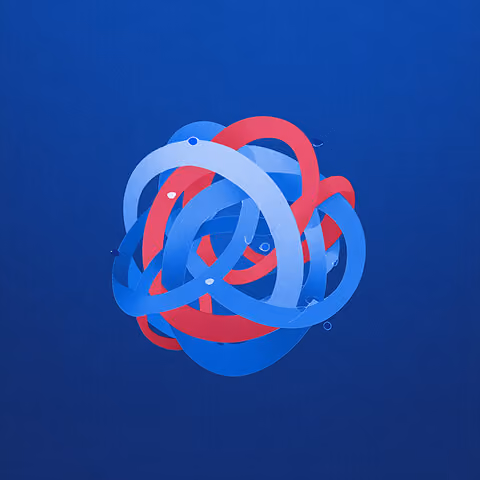 An abstract knot made of interwoven red and blue ribbon-like loops on a solid blue background, representing complexity and entanglement.