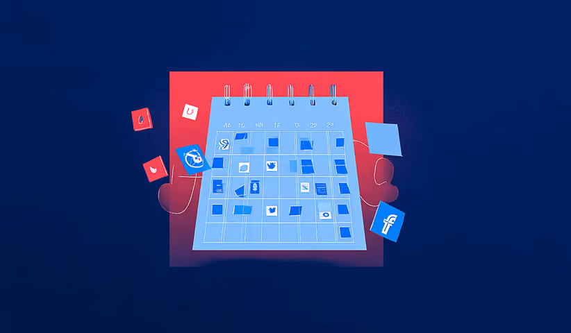 A desktop calendar filled with app icons scattered across various dates, with loose icons floating around it, symbolizing ongoing app activity and scheduling.