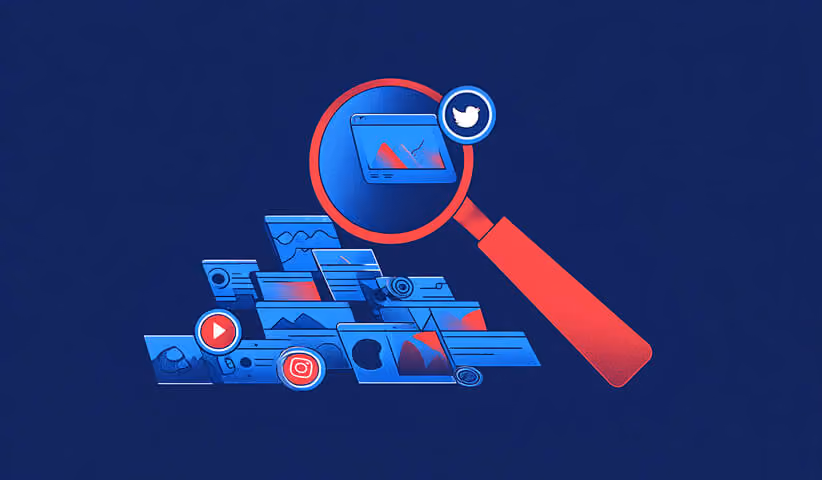 A magnifying glass zooms in on a pile of social media and app interface cards, highlighting one screen while Twitter, Instagram, and YouTube icons float nearby.