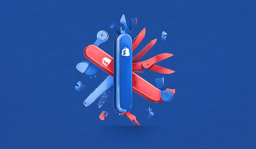 A red and blue Swiss-army-knife-style multitool with Shopify and other app icons on its attachments, illustrating the overabundance of tools available.
