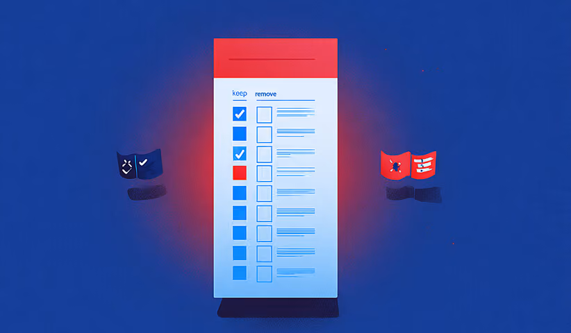 A large vertical checklist marked with “keep” and “remove” columns, with blue and red checkmarks, showing decisions about which apps to keep or uninstall.
