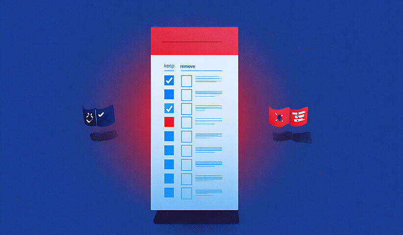 A large vertical checklist marked with “keep” and “remove” columns, with blue and red checkmarks, showing decisions about which apps to keep or uninstall.