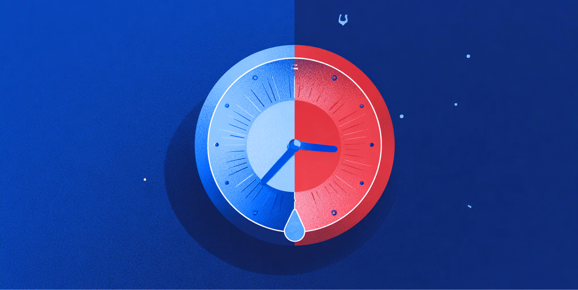 A circular timer or gauge split into red and blue halves, with small droplets and markings, representing time spent managing apps or load on store performance.