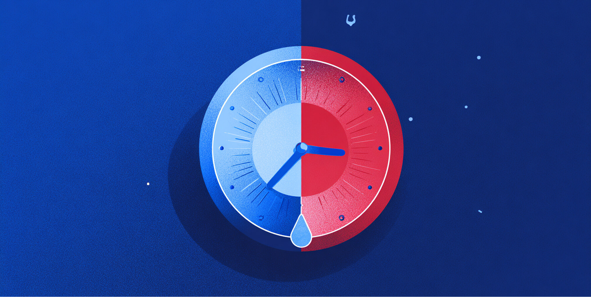 A circular timer or gauge split into red and blue halves, with small droplets and markings, representing time spent managing apps or load on store performance.