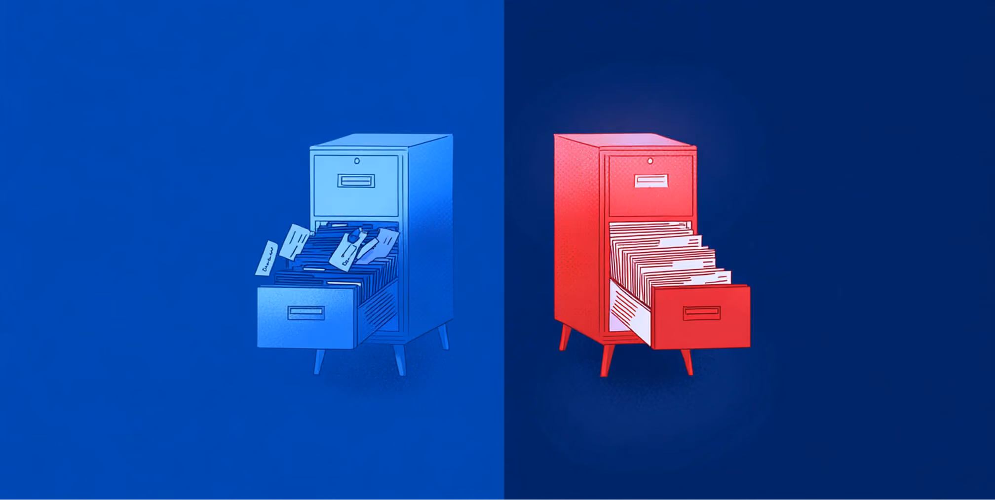 Two filing cabinets—one blue and overflowing with disorganized folders, the other red and neatly structured—depicting the contrast between cluttered and streamlined app environments.