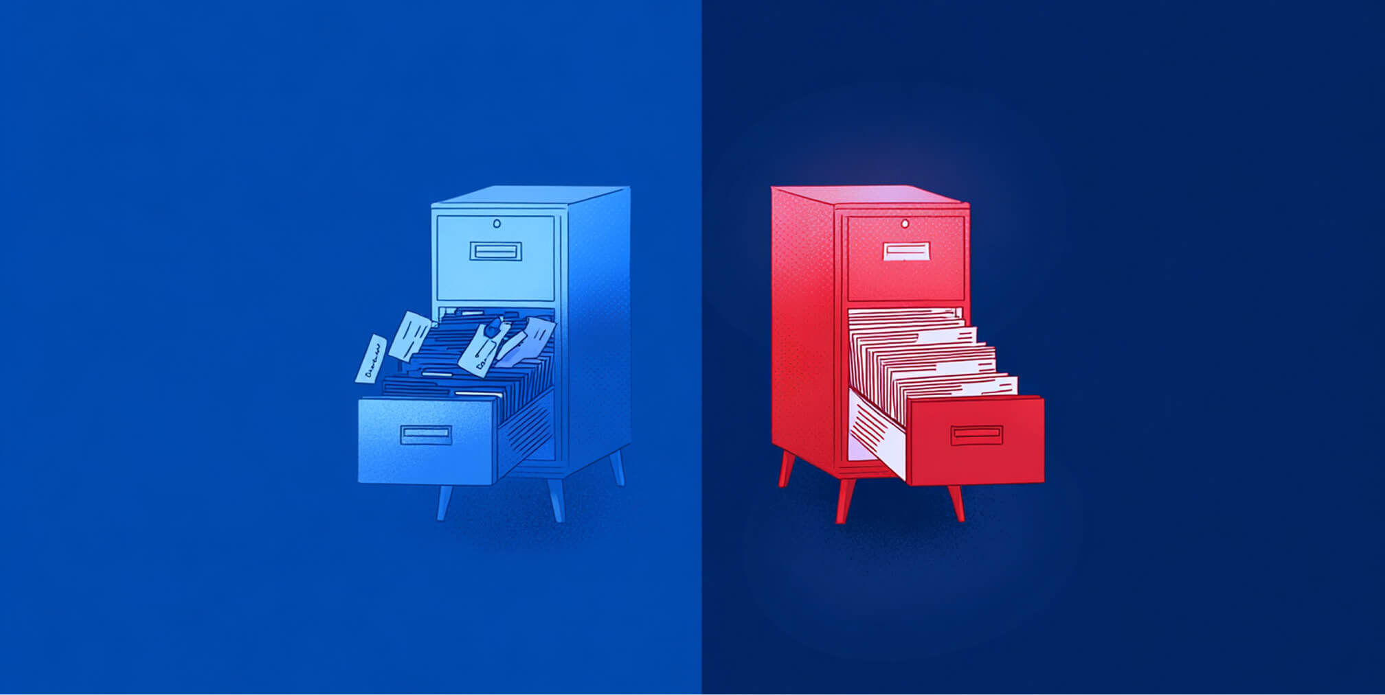 Two filing cabinets—one blue and overflowing with disorganized folders, the other red and neatly structured—depicting the contrast between cluttered and streamlined app environments.