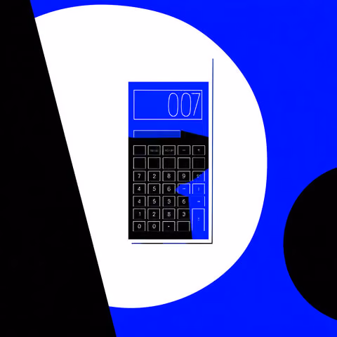 Illustration of a calculator with blue and black buttons and a number display reading “007,” placed on a bold blue and white abstract background.