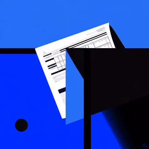 Illustration of a document partially inserted into a black and blue rectangular slot on a blue geometric background.