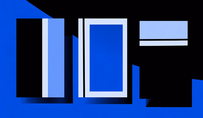 Illustration of three vertical card-like shapes in black, blue, and white arranged side by side on an abstract blue and black background.