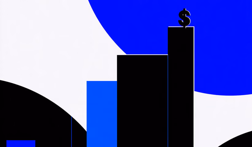 Illustration of a bar graph with black and blue bars of different heights, with a dollar sign on the tallest bar.