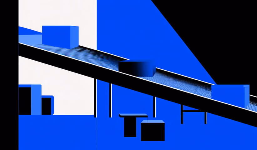 Illustration of a conveyor belt carrying blue rectangular boxes on a blue, black, and white geometric background.