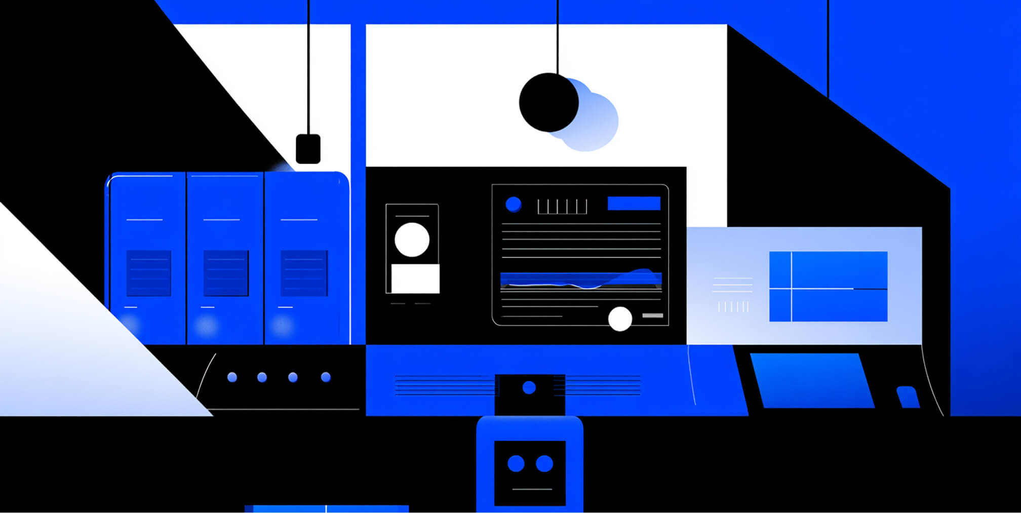 Illustration of a modern control-room dashboard with screens, panels, and equipment in black, white, and blue tones.