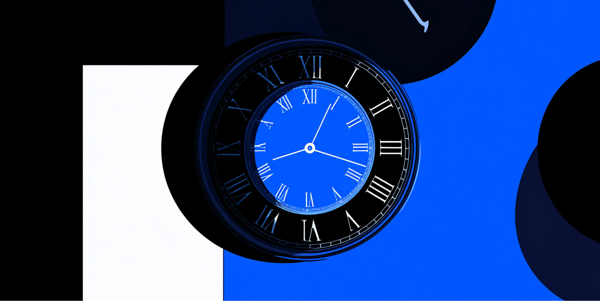 Close-up illustration of a clock face with Roman numerals, set against a bold black, blue, and white geometric background.