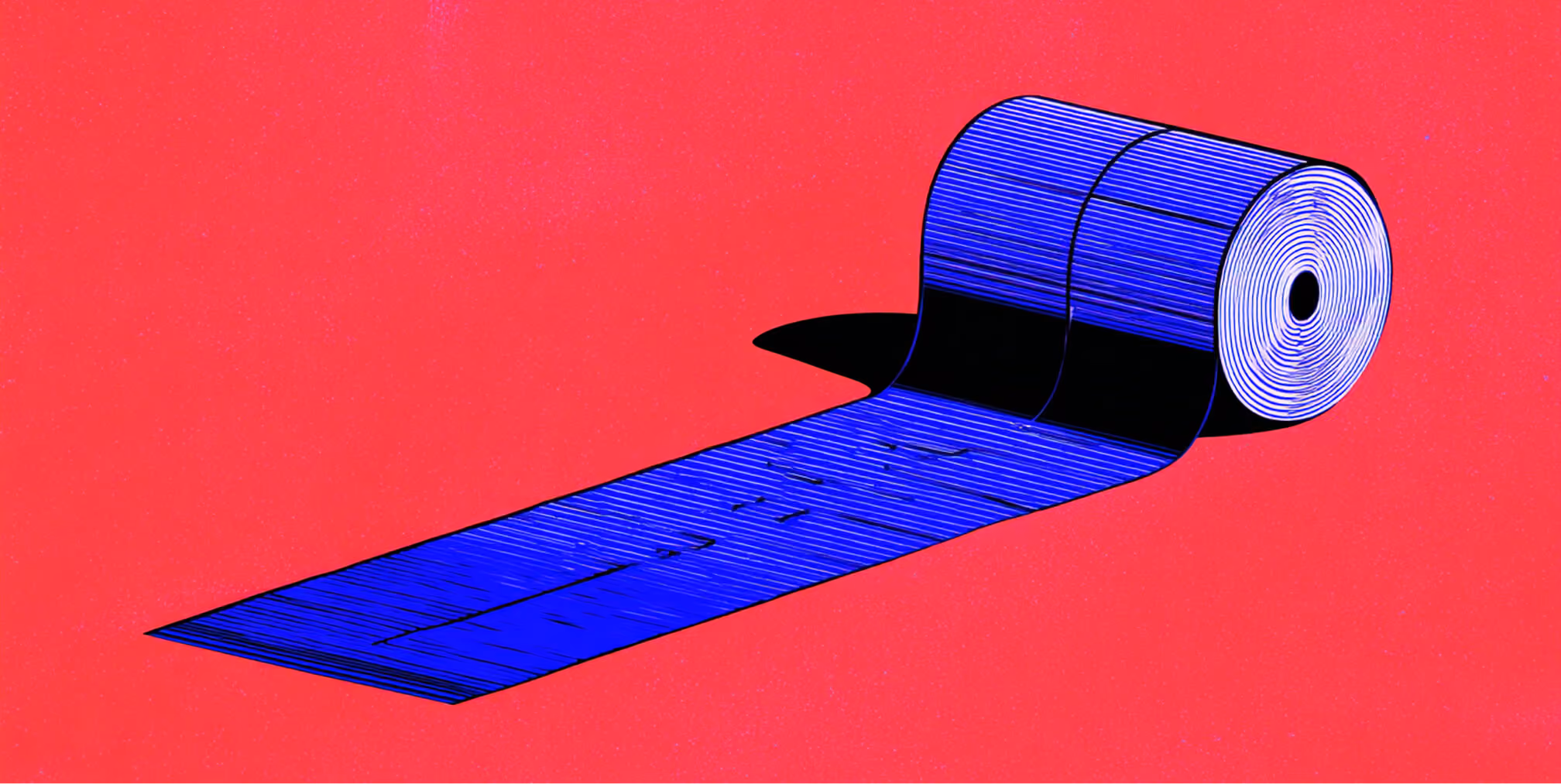 A long blue roll of receipt paper unravels across a bright red background, symbolizing cost calculation and ROI analysis.