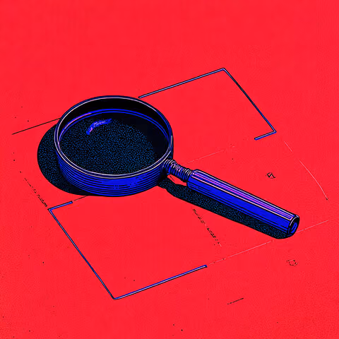 A magnifying glass hovering over blank documents on a red background, illustrating deep analysis of store performance and redesign needs.