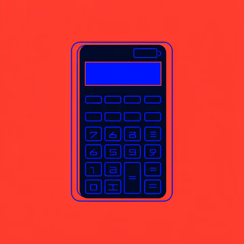 A blue calculator on a red background, representing cost breakdown and ROI math for a Shopify redesign.