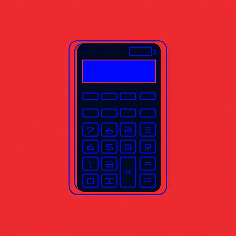 A blue calculator on a red background, representing cost breakdown and ROI math for a Shopify redesign.